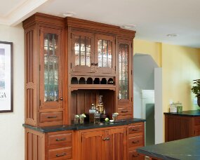 117-03 Wood : Sapele (Wood specie no longer available. Shown for style only); Finish : Nutmeg; Door Styles : Monterey Leaded Glass, Monterey; Face Frame : Square Inset