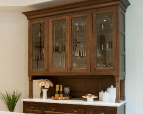 128-10 Wood : Quartersawn White Oak; Finish : Van Dyke glaze over Chestnut; Door Style : Westerly (glass), Providence; Face Frame : Beaded Inset