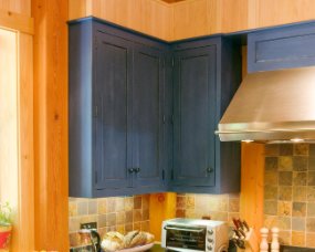 50-08 Wood : Clear Pine; Paint Color : Soldier Blue Milk Paint over Cherry stain, burnished; Door Style : Old Cupboard; Face Frame : Square Inset
