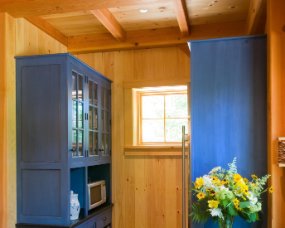 50-10 Wood : Clear Pine; Paint Color : Soldier Blue Milk Paint over Cherry stain, burnished; Door Style : Old Cupboard; Face Frame : Square Inset