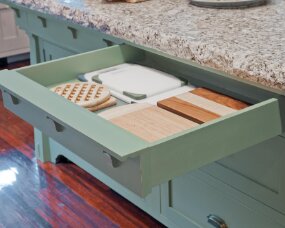 66-11 Wood : Maple; Paint Color : Sea Green Milk Paint over Driftwood Milk Paint, burnished; Door Style : Morrisville; Face Frame : Arts & Crafts Square Inset