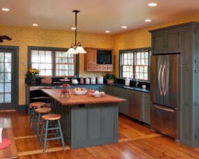 86-01 Wood : Maple; Paint color : Custom blended Milk Paint; Door Style : Barnstead; Face Frame : Square Inset