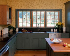 86-03 Wood : Maple; Paint color : Custom blended Milk Paint; Door Style : Barnstead; Face Frame : Square Inset