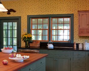 86-04 Wood : Maple; Paint color : Custom blended Milk Paint; Door Style : Barnstead; Face Frame : Square Inset