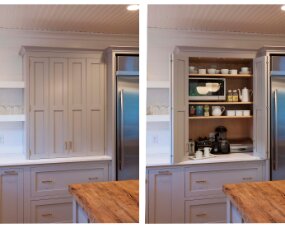 106-10 Wood : Maple; Paint color : Truly Taupe; Pure White (Corner Shelves); Door Style Barnstead; Face Frame : Square Inset