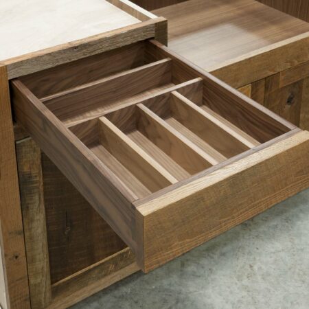 Reclaimed Hearty Hewn Oak Sink Base Cabinet - Drawer Open