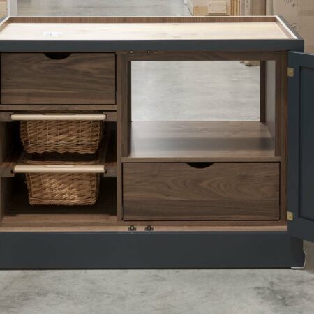 Base Cabinet with Two Roll Out Drawers and Two Wicker Baskets - Doors Open