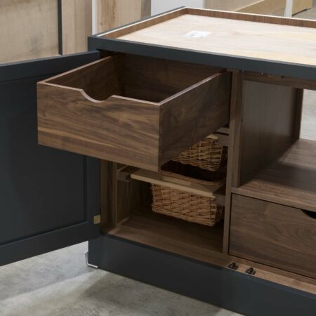 Base Cabinet with Two Roll Out Drawers and Two Wicker Baskets - Left Roll Out Open