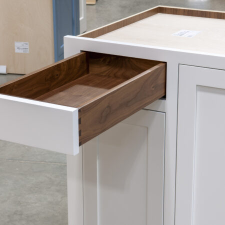 Base Cabinet with Tray Divider Drawer, Can Storage and Double Waste Bins - Left Drawer Open