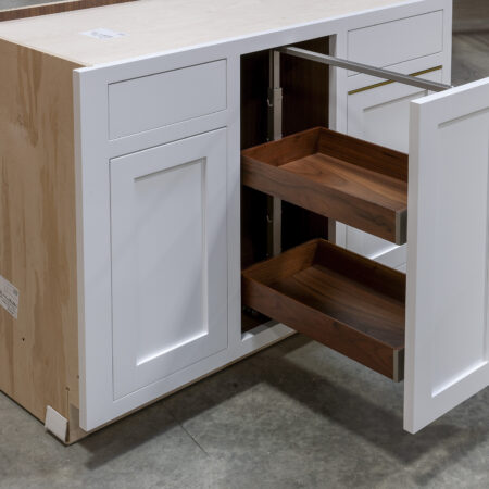 Base Cabinet with Tray Divider Drawer, Can Storage and Double Waste Bins - Can Storage Open