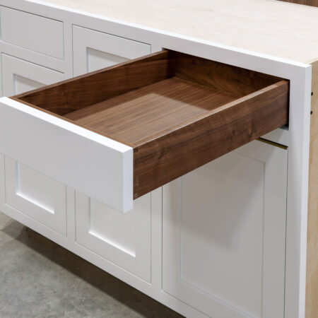 Base Cabinet with Tray Divider Drawer, Can Storage and Double Waste Bins - Right Drawer Open
