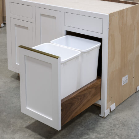 Base Cabinet with Tray Divider Drawer, Can Storage and Double Waste Bins - Waste Bins Open