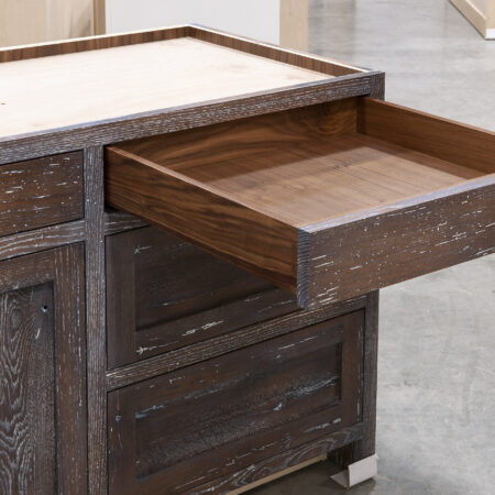 Base Cabinet with Reclaimed Red Oak, Chestnut stain and Surf Highlights - Right Top Drawer Open
