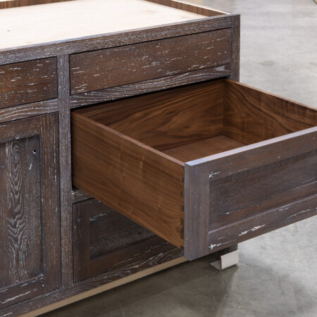 Base Cabinet with Reclaimed Red Oak, Chestnut stain and Surf Highlights - Right Middle Drawer Open