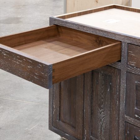 Base Cabinet with Reclaimed Red Oak, Chestnut stain and Surf Highlights - Left Drawer Open