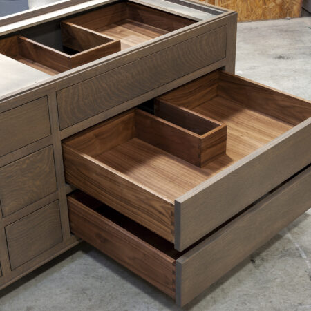 Nine Drawer Vanity Cabinet - Right Bank, Two Bottom Drawers Open