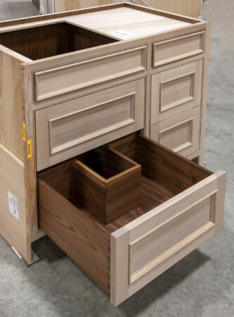 Five Drawer Sink Base Cabinet with Pipe Chase -Left Bottom Drawer Open
