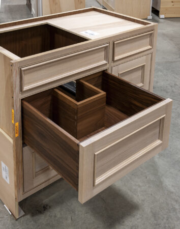 Five Drawer Sink Base Cabinet with Pipe Chase -Left Top Drawer Open