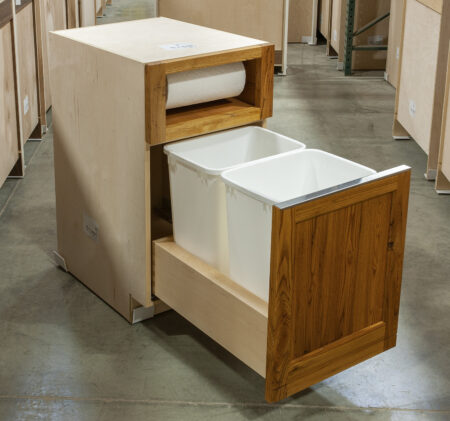 Base Cabinet with Paper Towel Drawer and Double Waste Bin - Waste Bins Open